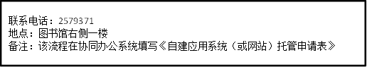 联系电话：2579371地点：图书馆右侧一楼备注：该流程在协同办公系统填写《自建应用系统（或网站）托管申请表》